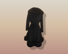 Load image into Gallery viewer, 60’s Black Coat Vintage Lilli Ann Fit and Flare Shearling Pinup Princess Beaded Belt