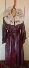 Load image into Gallery viewer, Vintage 70s Leather Coat with Removable Silver Fox Fur Collar Spy Trench Belted Fit and Flare Burgundy Oxblood Maroon Reddish Brown M/L