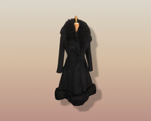 Load image into Gallery viewer, 60’s Black Coat Vintage Lilli Ann Fit and Flare Shearling Pinup Princess Beaded Belt