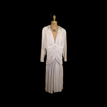 Load image into Gallery viewer, 80’s does 20’s Art Deco Chiffon Beaded Dress in Pearl Gray Fitted Waist full skirt