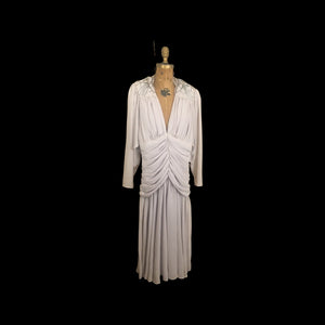 80’s does 20’s Art Deco Chiffon Beaded Dress in Pearl Gray Fitted Waist full skirt