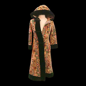 60’s 70’s Vintage Carpet Coat Needlepoint Hooded Sherpa Trim Fit and Flare