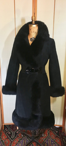 Black Suede 70s Shearling Leather Penny Lane Coat Almost Famous S/M Mid Length Boho Goth Hippy Princess