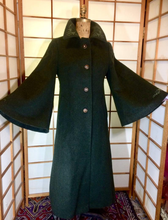Load image into Gallery viewer, Full Length Long Flare Cape Sleeve Embroidered Kimono Coat Green Austrian Wool, Made in Austria Red Silk Lining S/M/L