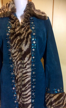 Load image into Gallery viewer, Teal Blue Suede Jeweled Afghan Coat- Tiger Faux Fur Faux Shearling 70s Penny Lane Almost Famous S/M Boho Hippie Hippy Russian Princess