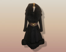 Load image into Gallery viewer, 60’s Black Coat Vintage Lilli Ann Fit and Flare Shearling Pinup Princess Beaded Belt