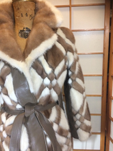 Load image into Gallery viewer, 60s Geometric Mink Leather Coat --Mod Mosaic Mink White and Brown Patchwork ColorBlock Coat S/M