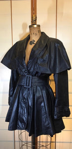Vintage Coat-70s 80s Black Leather Dress Studio 54 Goth SteamPUNK Belted Pinup Coat Jacket Fit Flare Skirt Fit Flare Princess S M Trench Spy