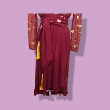 Load image into Gallery viewer, 70’s 80’s Vintage Bergundy Purple Chiffon High Low Floral Dress Tassle Extra Belt