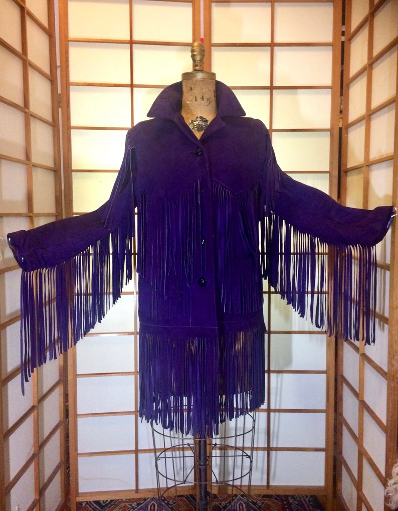 Purple Suede Fringe Coat Boho Southwestern Hippie Western Cowgirl Cowboy Hipster Vtg Coat S/M Navajo Native American