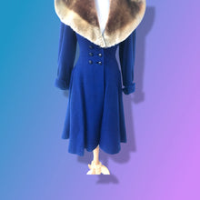 Load image into Gallery viewer, 40’s Vintage Cobalt Blue Fit Flare “New Look” Princess Full Skirt Coat with Massive Shearling Mouton Ombré Collar