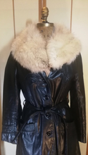 Load image into Gallery viewer, 70s Black Leather and Silver Fox Fur Collar Trench Spy Coat S/M Fit and Flare Princess