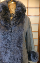 Load image into Gallery viewer, Suede Shearling Lamb Coat Grey-- Leather Tuxedo Lamb Fur Trim S/M Russian Princess Hippy Boho Princess Afghan
