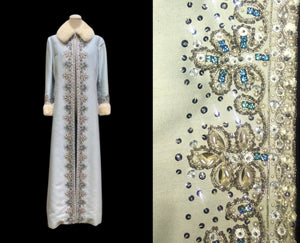 60’s “Jackie Kennedy Style” Full length Opera Gown Coat in Light Blue Hand Beaded Crystal and Ermine Mink Trim