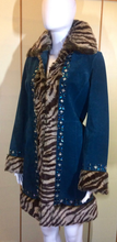 Load image into Gallery viewer, Teal Blue Suede Jeweled Afghan Coat- Tiger Faux Fur Faux Shearling 70s Penny Lane Almost Famous S/M Boho Hippie Hippy Russian Princess
