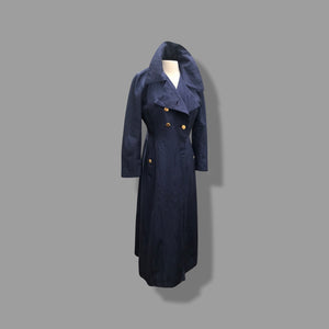 60’s Long Blue Trench Coat Full Length Double Breasted Waterproof Wood Design