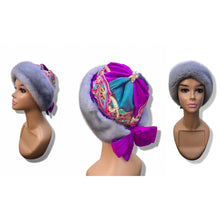 Load image into Gallery viewer, Himalayan Hat Sapphire Mink in raw silk Pink Blue Embroidered Gift Fall Winter