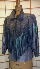 Load image into Gallery viewer, 1980S 90s Fringe Leather Jacket Coat Cowgirl Iridescent Southwestern Swarovski Crystal Mermaid Colors Made in Paris France L-XL