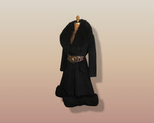 Load image into Gallery viewer, 60’s Black Coat Vintage Lilli Ann Fit and Flare Shearling Pinup Princess Beaded Belt