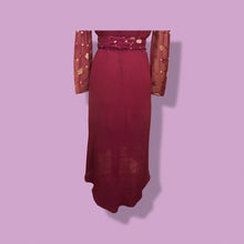 Load image into Gallery viewer, 70’s 80’s Vintage Bergundy Purple Chiffon High Low Floral Dress Tassle Extra Belt