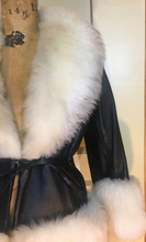 Load image into Gallery viewer, 60s Mod Black Leather Coat and White Sheep Shearling Princess XS/S Penny Lane Almost Famous Boho Mod