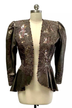 Load image into Gallery viewer, Glam 80s Does 40s Bronze Gold Leather Jacket Embellished Beaded Lace Sequins Peplum Goth Victorian