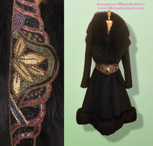 Load image into Gallery viewer, 60’s Black Coat Vintage Lilli Ann Fit and Flare Shearling Pinup Princess Beaded Belt