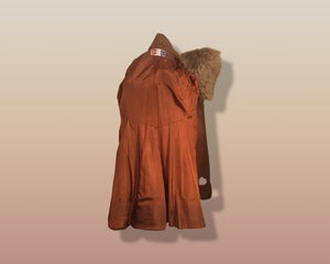 60’s Caramel Lilli Ann Shearling Fit and Flare Princess Coat with Belt Clutch Purse Set Beaded