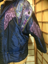 Load image into Gallery viewer, Vintage 80s 90s Glam Street Wear Puffer Purple Patchwork Blue Moon Velvet Tapestry Hooded Coat Irridescent L/XL
