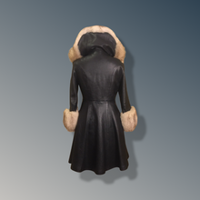 Load image into Gallery viewer, Vintage 70’s Leather Coat with Fox Fur Hood and Cuff Trim Princess Full Flare Skirt Rare OOAK 36/38 Bust Sargent Pepper Double Breasted