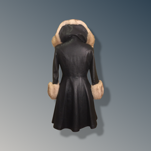 Vintage 70’s Leather Coat with Fox Fur Hood and Cuff Trim Princess Full Flare Skirt Rare OOAK 36/38 Bust Sargent Pepper Double Breasted
