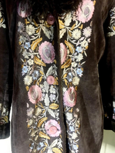 Load image into Gallery viewer, Penny Lane Boho Embroidered Suede Curly Mongolian Lamb Coat Plus Size or Extra Roomy L/XL Almost Famous Pink Floral Flowers Hippy Princess