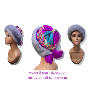 Himalayan Hat Sapphire Mink in raw silk Pink Blue Embroidered Gift Fall Winter