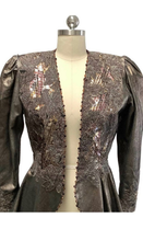 Load image into Gallery viewer, Glam 80s Does 40s Bronze Gold Leather Jacket Embellished Beaded Lace Sequins Peplum Goth Victorian