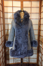 Load image into Gallery viewer, Suede Shearling Lamb Coat Grey-- Leather Tuxedo Lamb Fur Trim S/M Russian Princess Hippy Boho Princess Afghan