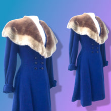 Load image into Gallery viewer, 40’s Vintage Cobalt Blue Fit Flare “New Look” Princess Full Skirt Coat with Massive Shearling Mouton Ombré Collar