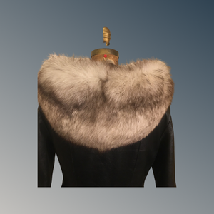 Vintage 70’s Leather Coat with Fox Fur Hood and Cuff Trim Princess Full Flare Skirt Rare OOAK 36/38 Bust Sargent Pepper Double Breasted