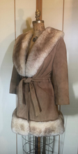 Load image into Gallery viewer, 70s Suede Sheepskin Shearling Tan Penny Lane Coat Princess Fit and Flare Almost Famous Small Medium Boho Hippy Bohemian