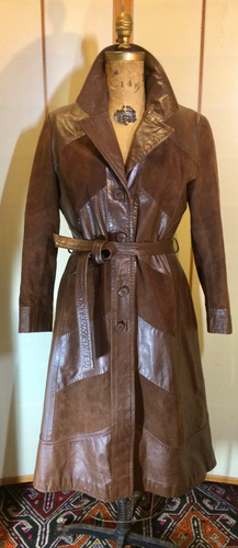 70s Suede and Leather Chevron Brown Coat Long S/M Spy Trench Fit Flare