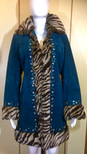 Load image into Gallery viewer, Teal Blue Suede Jeweled Afghan Coat- Tiger Faux Fur Faux Shearling 70s Penny Lane Almost Famous S/M Boho Hippie Hippy Russian Princess
