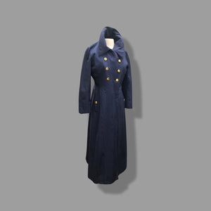 60’s Long Blue Trench Coat Full Length Double Breasted Waterproof Wood Design