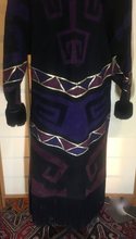 Load image into Gallery viewer, Purple Suede Aztec Patchwork Fringe Native American Leather Warm Cozy Pink Magenta Beaded Sheared Fur Long Coat M/L