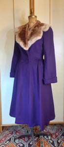 Women's Vintage Coat- 40s Royal Purple Wool Princess Fit and Flare Double Breasted Sheared Ombre Fur Collar Film Noir Pinup