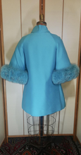 Load image into Gallery viewer, 60s Mod Lilli Ann Cape Flare Bell Sleeve Turquoise Dyed Blue Aqua Norwegian Fox Fur Rhinestone Short Dress Coat Made Men Jackie Kennedy