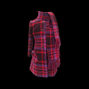 60’s Coat Pink Purple Red Plaid Thick Woven Wool Attached Scarf