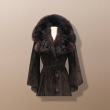 Load image into Gallery viewer, Vintage Couture Brown Suede Coat with Genuine Fur Collar Puff Sleeve Heavy Duty