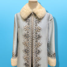 Load image into Gallery viewer, 60’s “Jackie Kennedy Style” Full length Opera Gown Coat in Light Blue Hand Beaded Crystal and Ermine Mink Trim