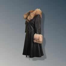 Load image into Gallery viewer, Vintage 70’s Leather Coat with Fox Fur Hood and Cuff Trim Princess Full Flare Skirt Rare OOAK 36/38 Bust Sargent Pepper Double Breasted
