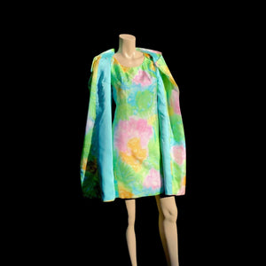 60’s Shift Dress and Coat Set by I. Magnin Pastel Floral Pink Blue Crystal Buttons