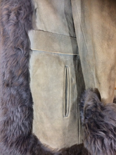 Load image into Gallery viewer, Suede Shearling Lamb Coat Grey-- Leather Tuxedo Lamb Fur Trim S/M Russian Princess Hippy Boho Princess Afghan